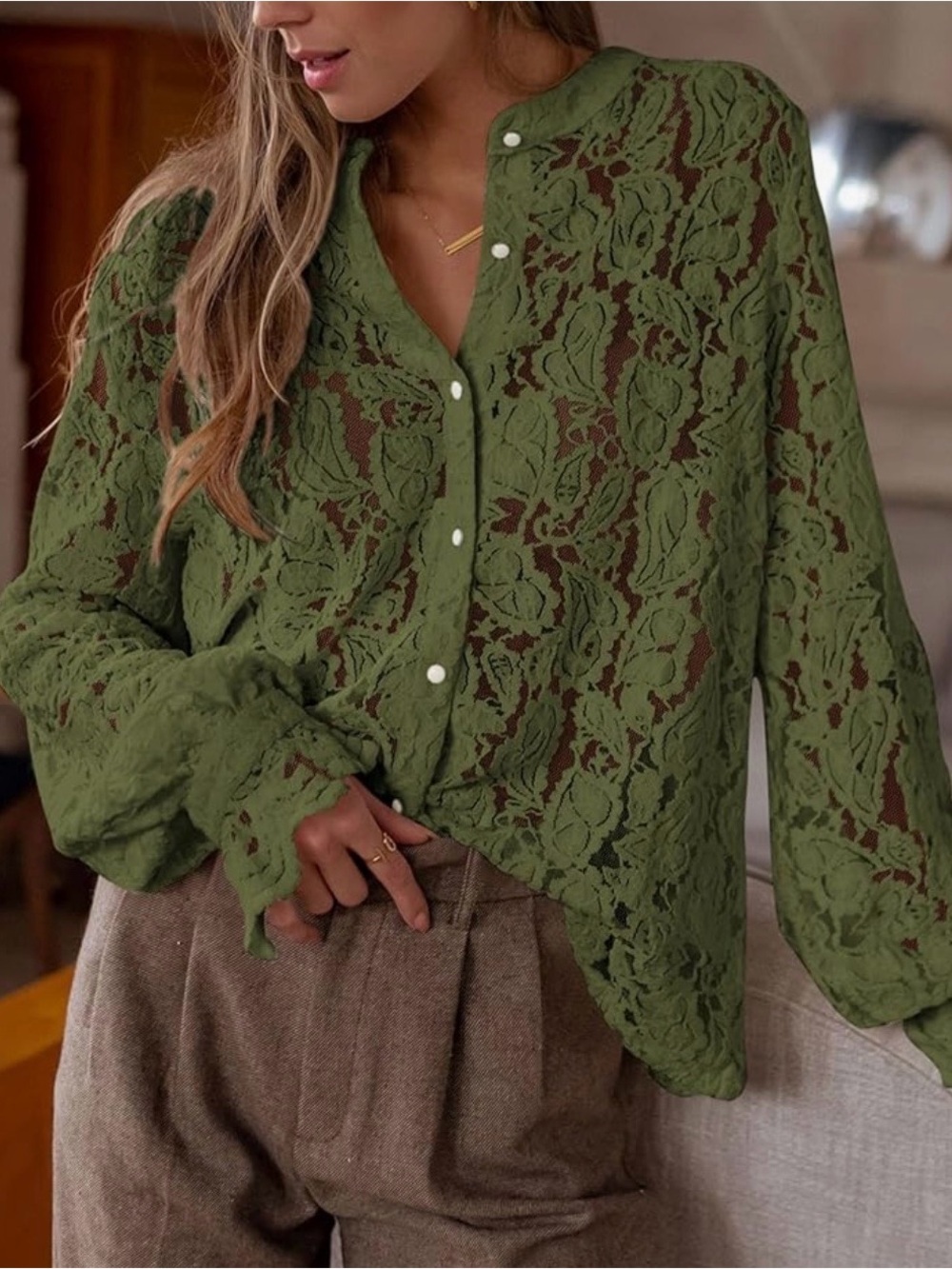 Olive Green Lace Button Front Blouse Womens Large Boho Romantic Top